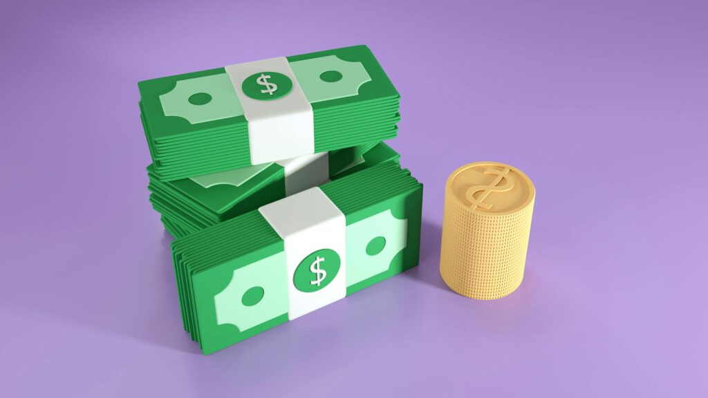 Dólar Alto: Como Proteger Seu Dinheiro e Até Lucrar com a Variação 3D illustration of stacked dollar bills and coins, symbolizing finance and wealth.